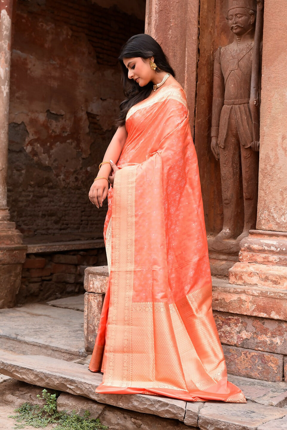 Joban Fashion Peach Banarasi Katan Pure Handloom Banarasi Silk Saree