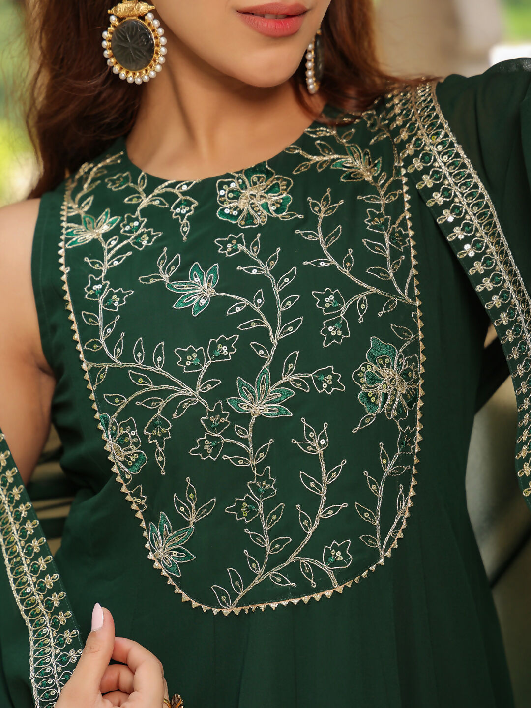 Janasya Dark Green Georgette Embroidered Dress & Jacket