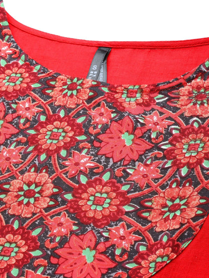 HERE&NOW Women Red & Black Yoke Design Pure Cotton Kurta
