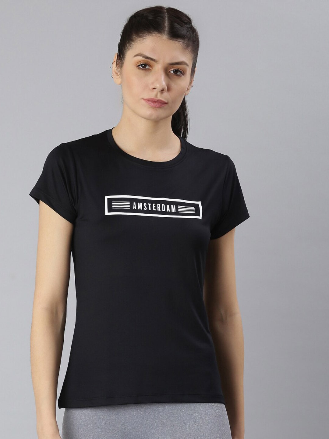 MKH Women Black Typography Printed Round Neck Dri-FIT T-shirt