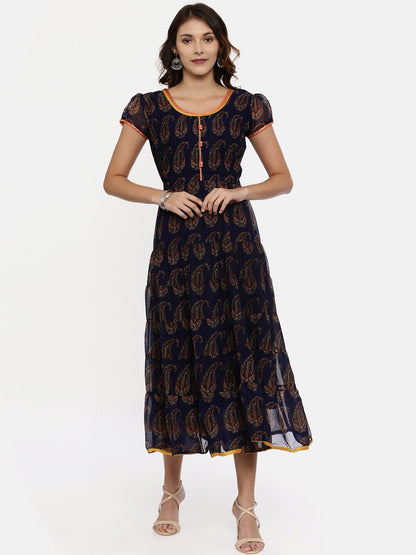 Souchii Navy Blue Printed Fit and Flare Dress
