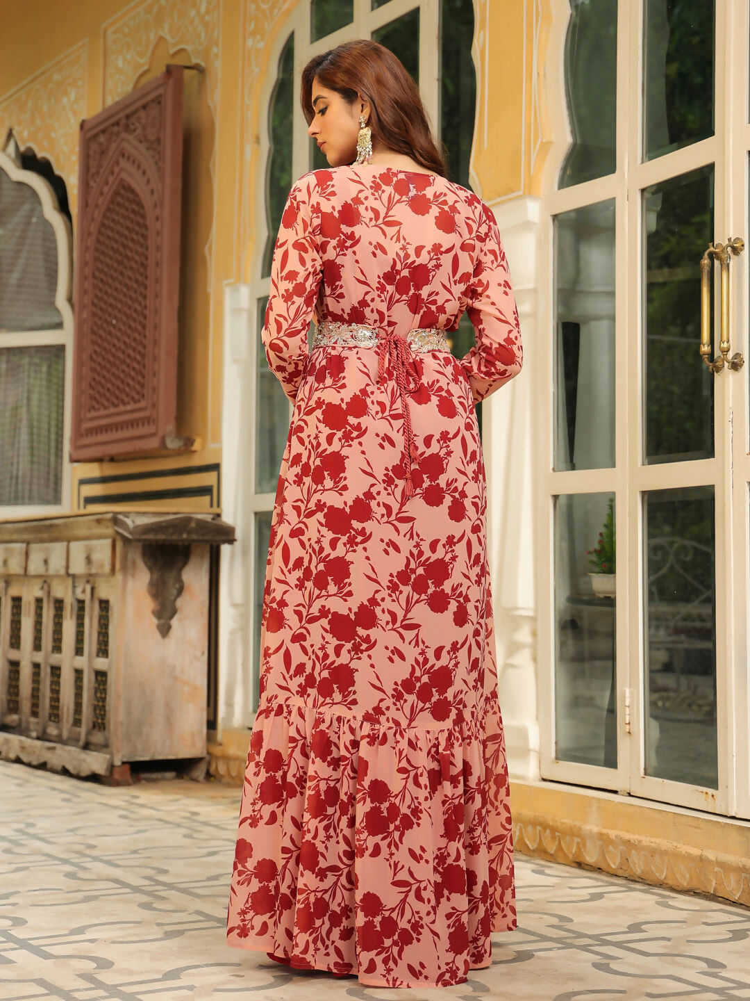 Janasya Maroon Georgette Solid Dress & Jacket