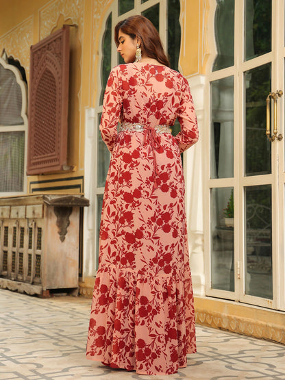 Janasya Maroon Georgette Solid Dress & Jacket