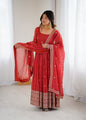 Lorenvalley Fashion Rust Crunchy Silk Embroidery Jari and Sequence Work Anarkali Gown with Dupatta