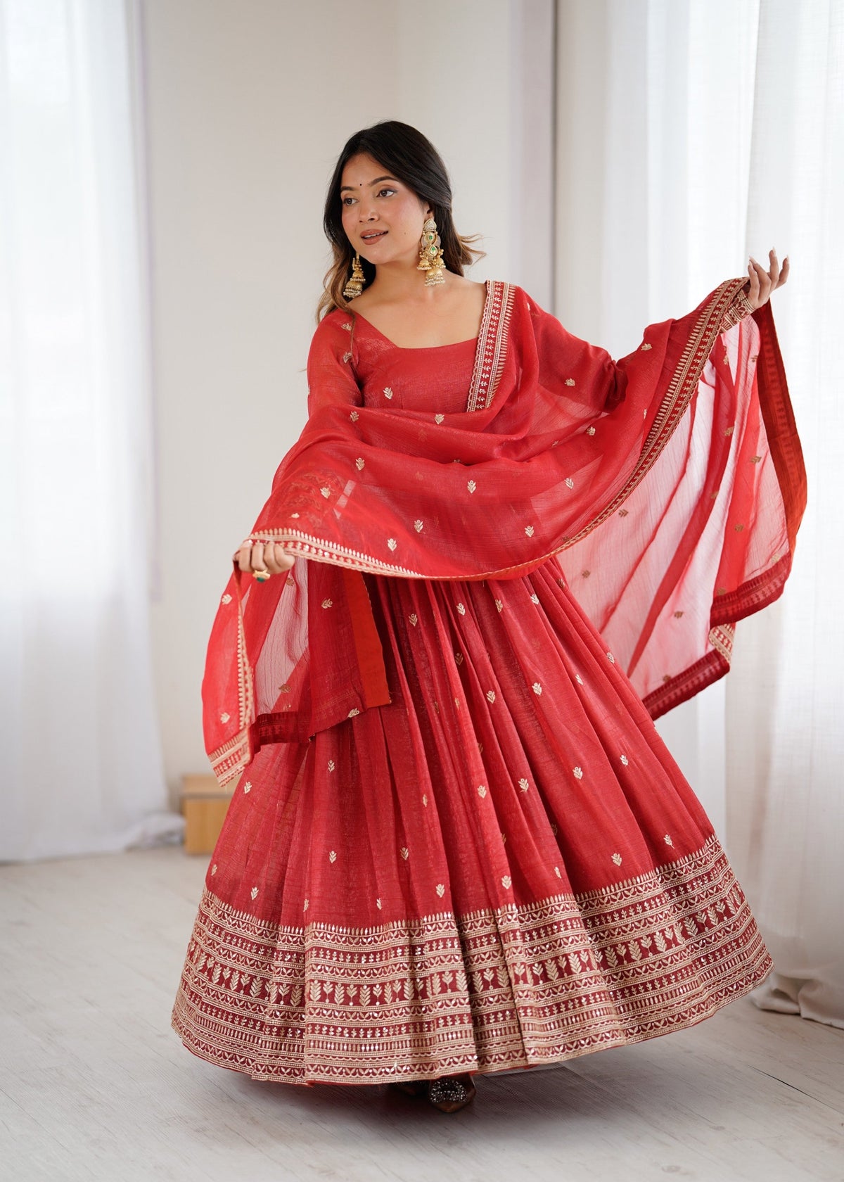 Lorenvalley Fashion Rust Crunchy Silk Embroidery Jari and Sequence Work Anarkali Gown with Dupatta