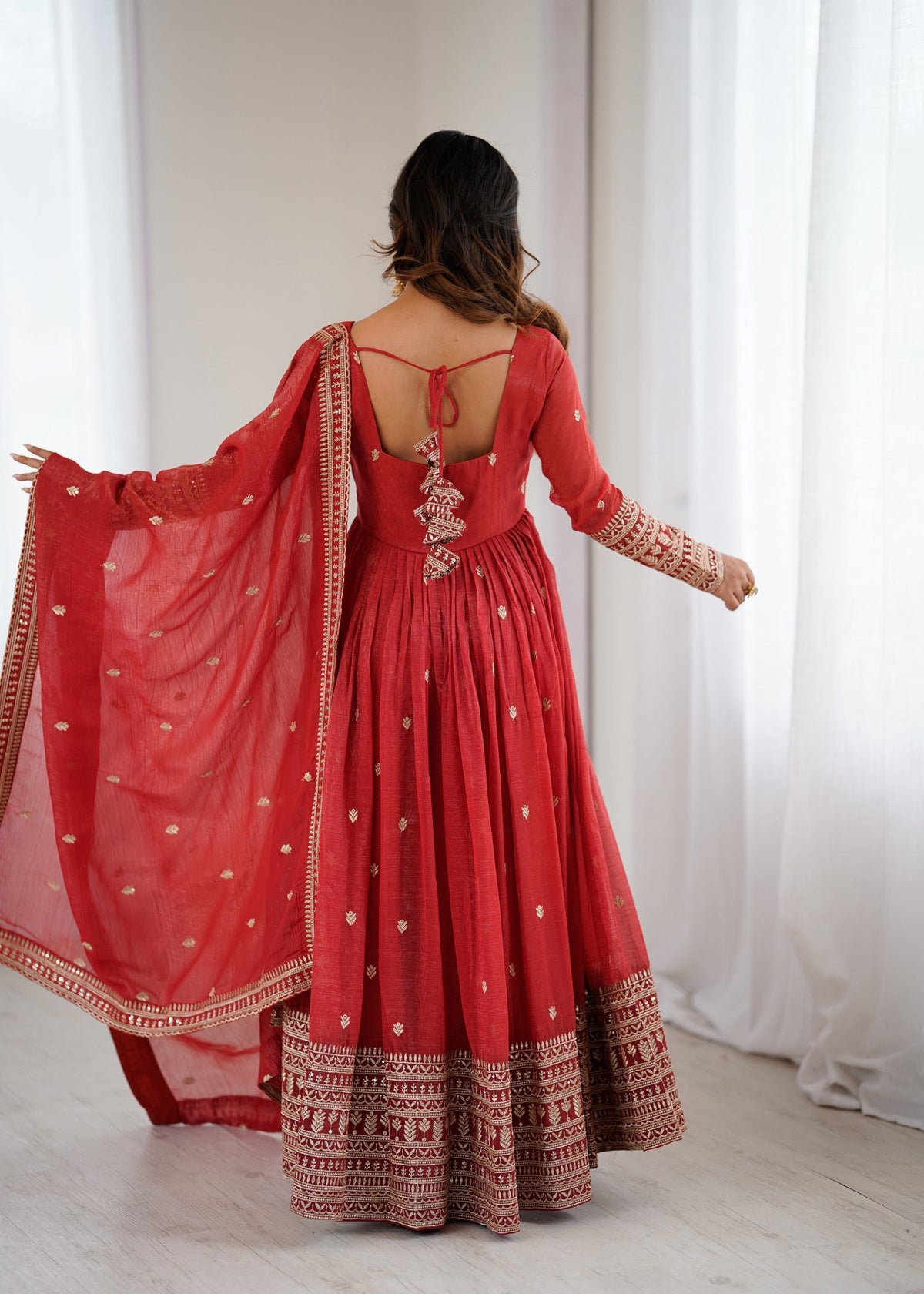 Lorenvalley Fashion Rust Crunchy Silk Embroidery Jari and Sequence Work Anarkali Gown with Dupatta