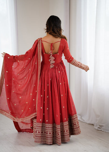 Lorenvalley Fashion Rust Crunchy Silk Embroidery Jari and Sequence Work Anarkali Gown with Dupatta