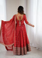 Lorenvalley Fashion Rust Crunchy Silk Embroidery Jari and Sequence Work Anarkali Gown with Dupatta