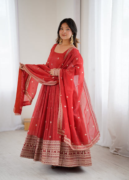 Lorenvalley Fashion Rust Crunchy Silk Embroidery Jari and Sequence Work Anarkali Gown with Dupatta