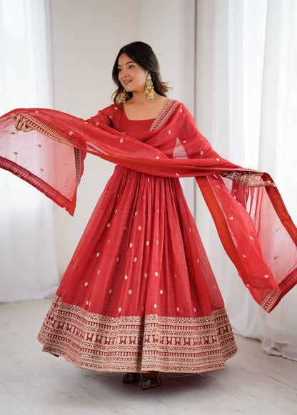 Lorenvalley Fashion Rust Crunchy Silk Embroidery Jari and Sequence Work Anarkali Gown with Dupatta