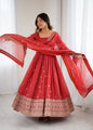 Lorenvalley Fashion Rust Crunchy Silk Embroidery Jari and Sequence Work Anarkali Gown with Dupatta