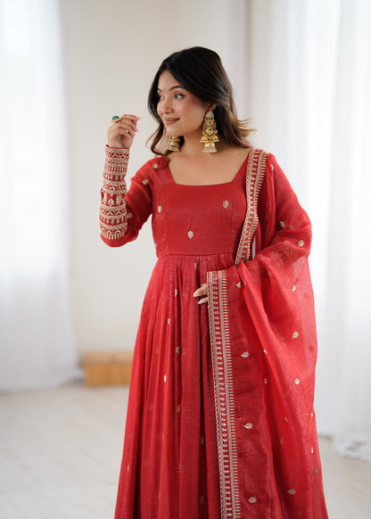 Lorenvalley Fashion Rust Crunchy Silk Embroidery Jari and Sequence Work Anarkali Gown with Dupatta