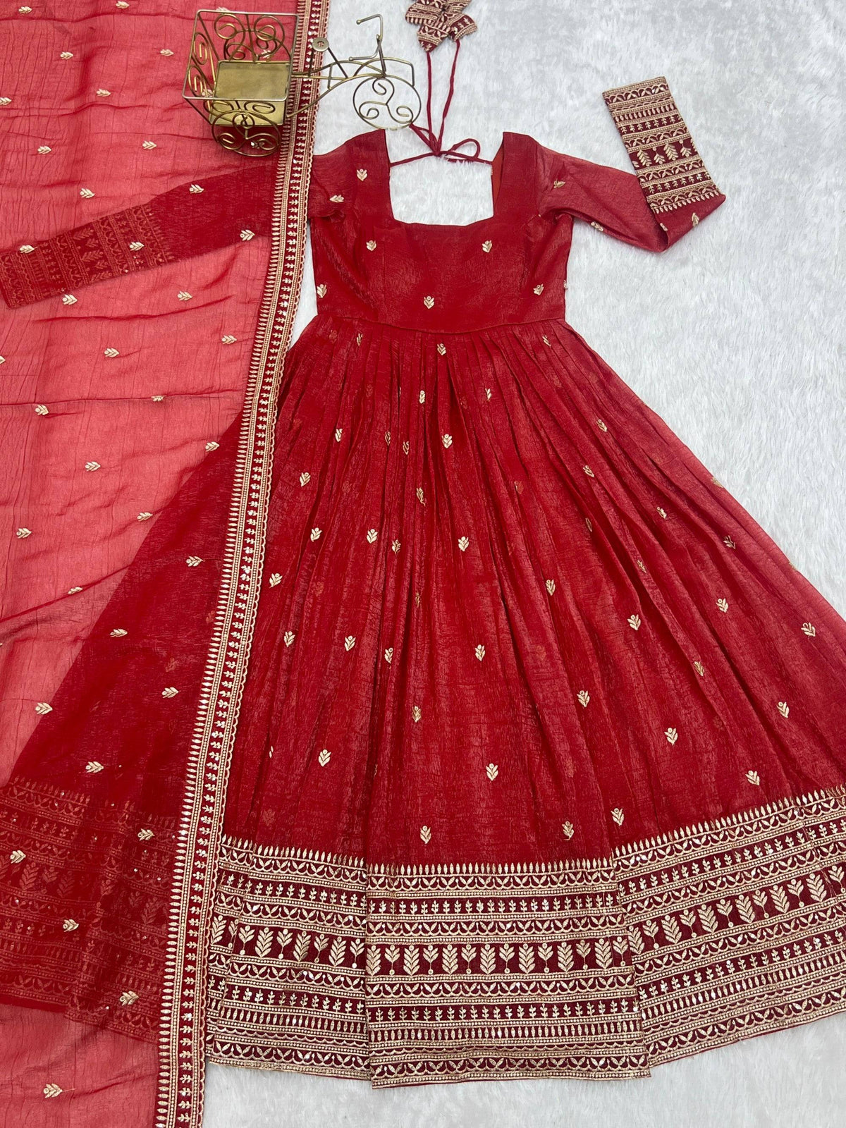 Lorenvalley Fashion Rust Crunchy Silk Embroidery Jari and Sequence Work Anarkali Gown with Dupatta