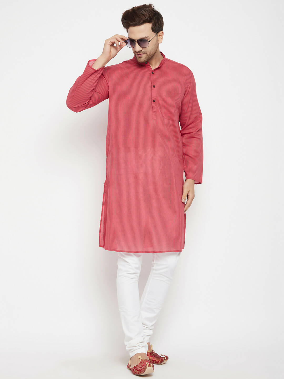 Even Apparels Rust Pure Cotton Long Men's Kurta With Band Collar