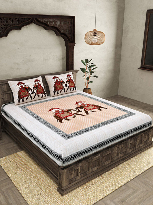 JAIPUR FABRIC Peach Ethnic Motifs Cotton 250 TC Super King Bedsheet With 2 Pillow Covers
