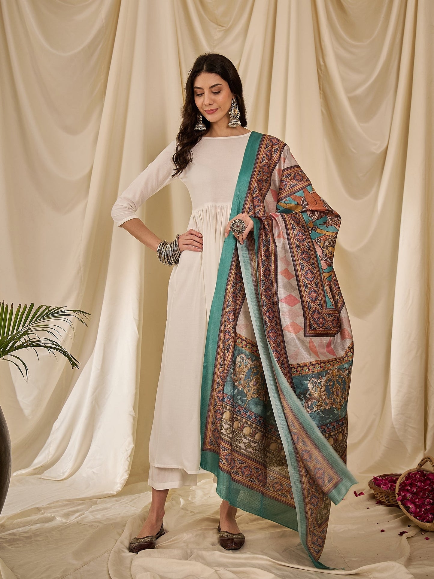 InWeave White Long Anarkali Rama Green Dupatta Set