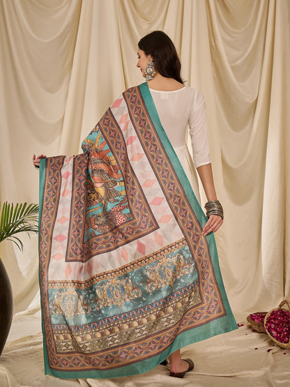 InWeave White Long Anarkali Rama Green Dupatta Set