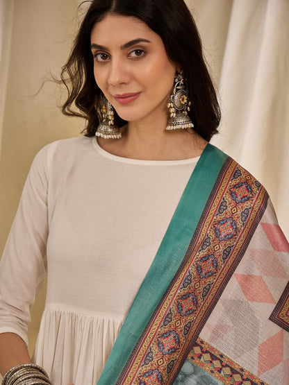 InWeave White Long Anarkali Rama Green Dupatta Set