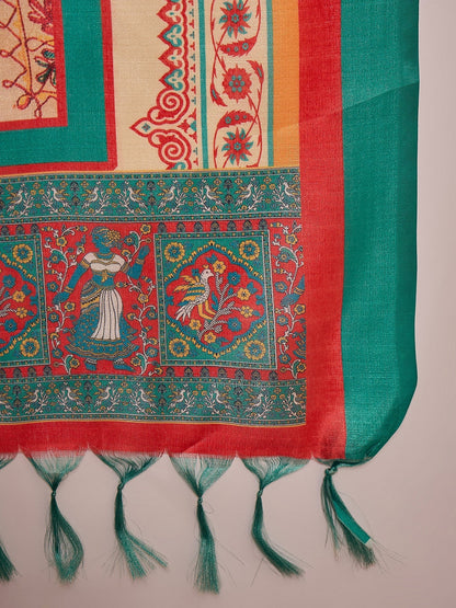 InWeave White Long Anarkali Rama Green Dupatta Set