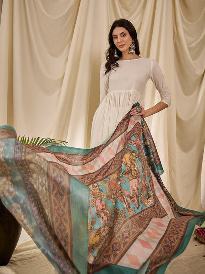 InWeave White Long Anarkali Rama Green Dupatta Set