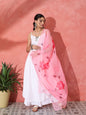 InWeave White Strappy Kurta Set With Pink Hand Print Dupatta
