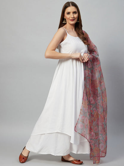 InWeave White Strappy Set - Green Organza Dupatta