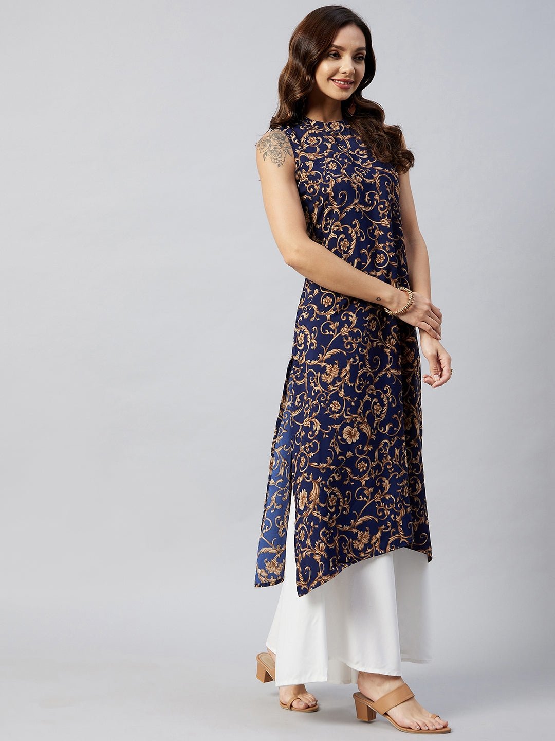 InWeave Women's Blue Jaal Print Halter Kurta Set