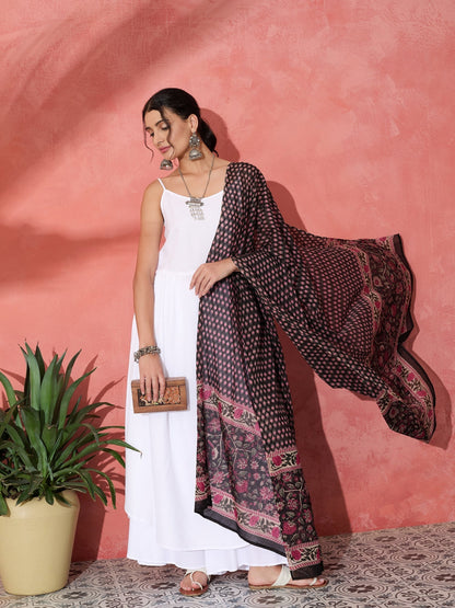 InWeave White Strappy Set With Black Pink Ethnic Print Cotton Dupatta