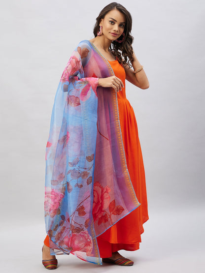 InWeave Women's Orange Strappy Set With Blue Fuchsia Organza Dupatta
