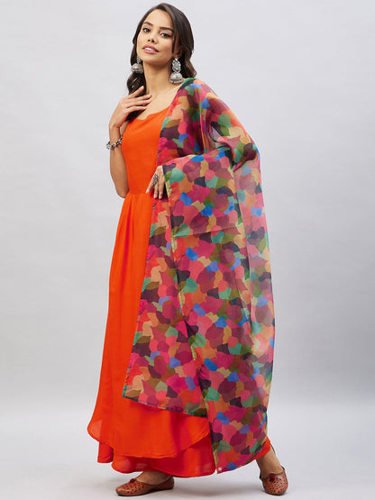 InWeave Women's Orange Strappy Set With Maroon Abstract Organza Dupatta