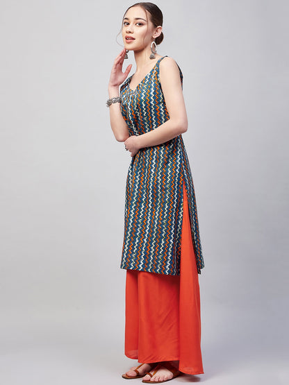 InWeave Women's Blue Orange Zig Zag Straight Orange Palazzo Set