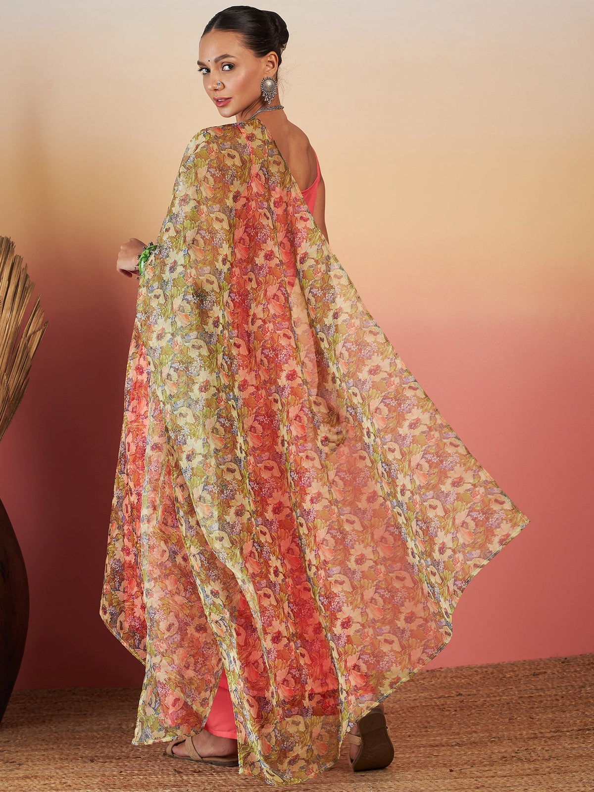 InWeave Dark Peach Strappy W Olive Liberty Print Organza Dupatta Set
