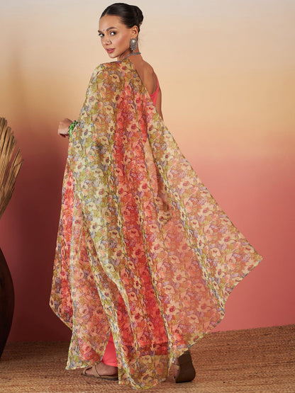 InWeave Dark Peach Strappy W Olive Liberty Print Organza Dupatta Set