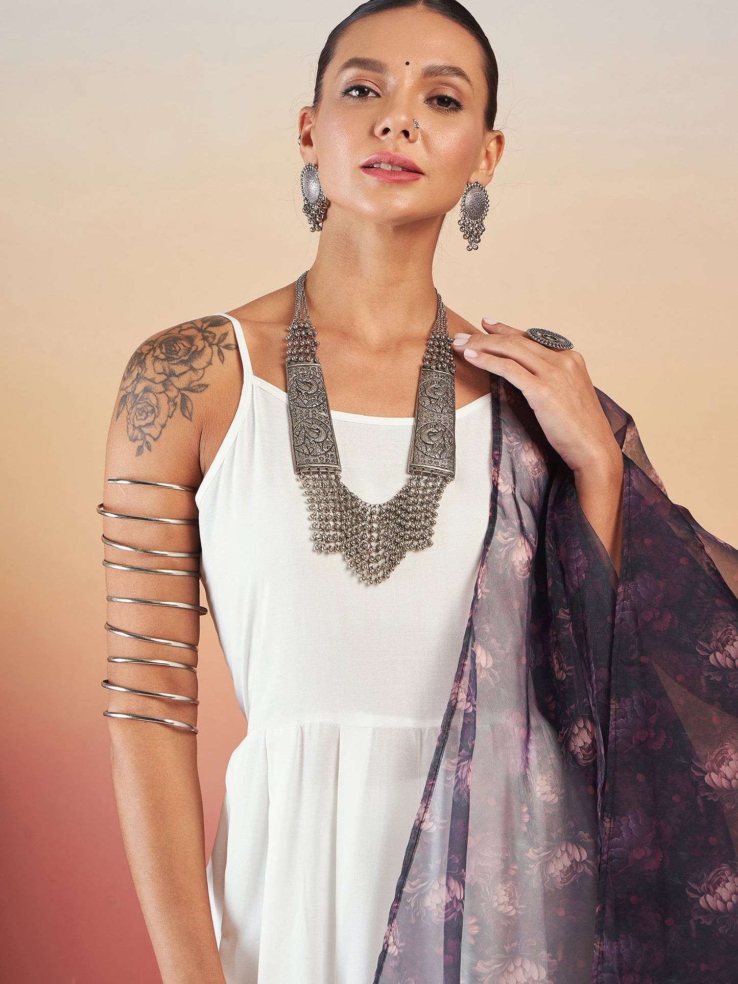 InWeave White Strappy W Black Dark Floral Print Or Dupatta Set