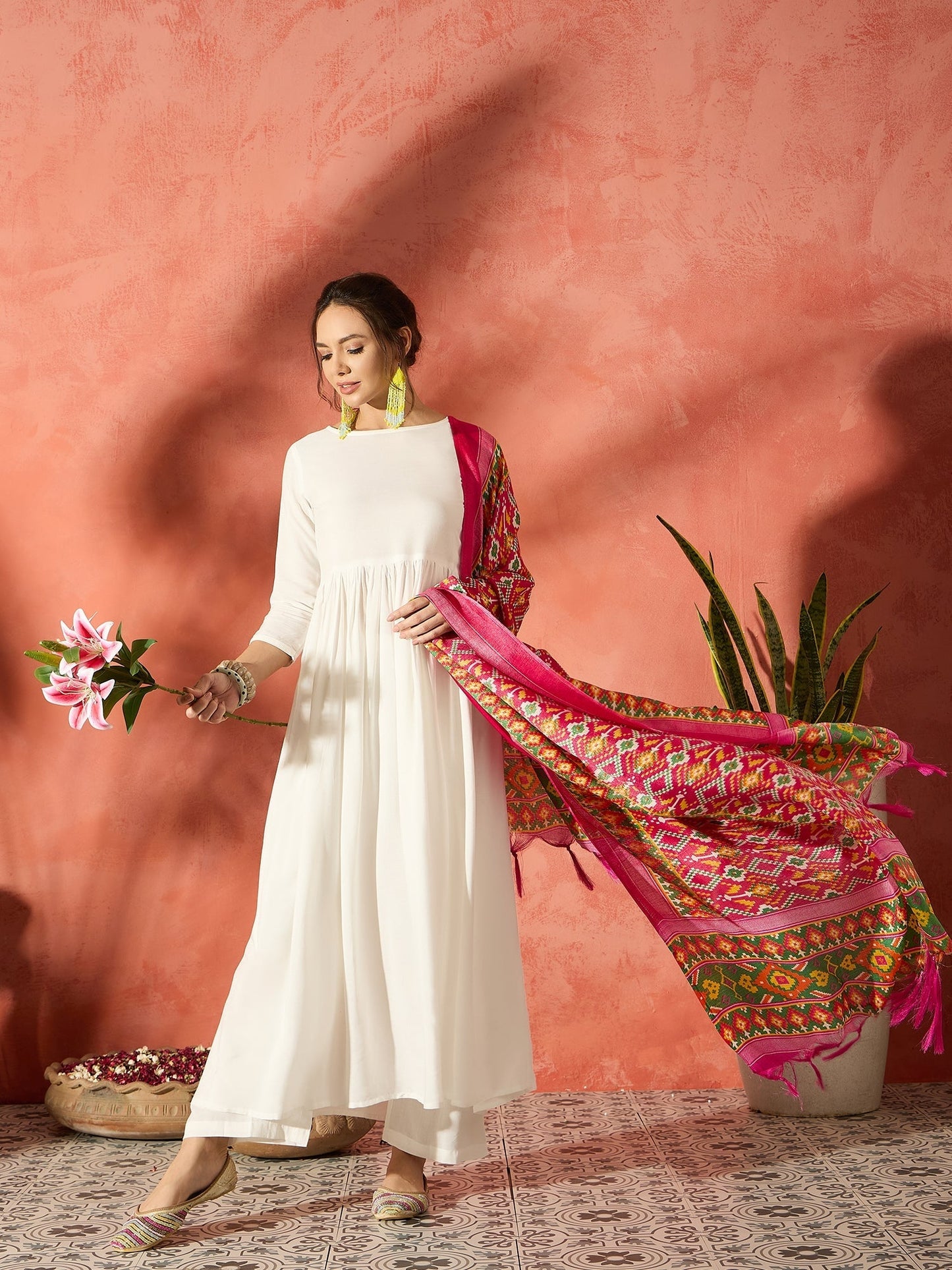 InWeave White Anarkali Patola Kurta Set