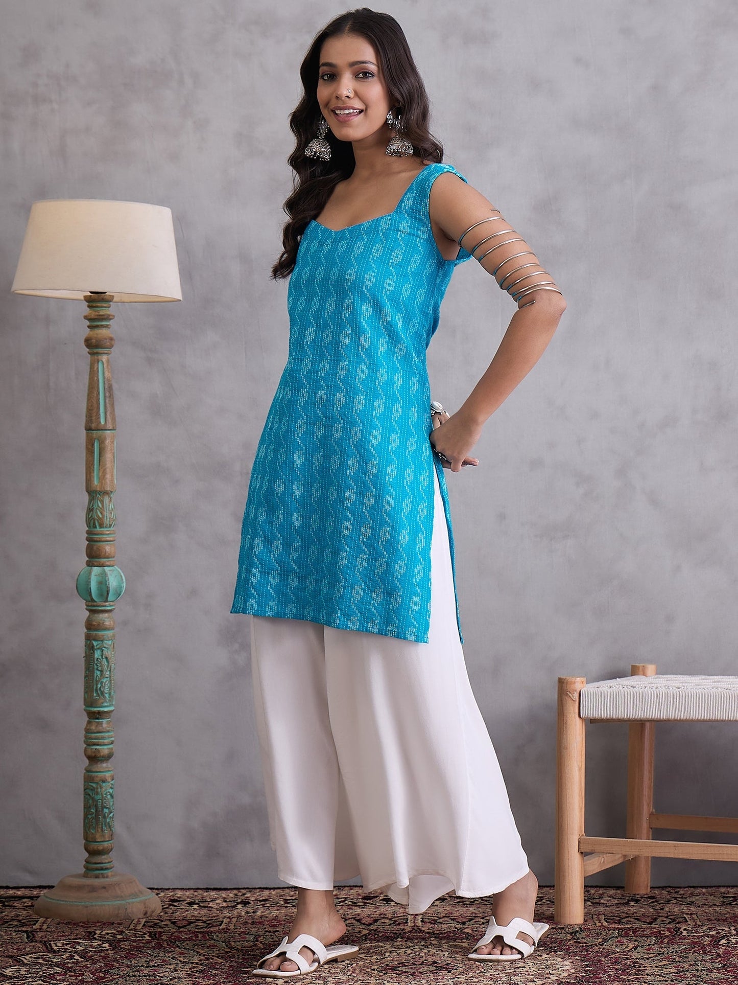 InWeave Cyan Blue Kantha Cream Palazzo Set
