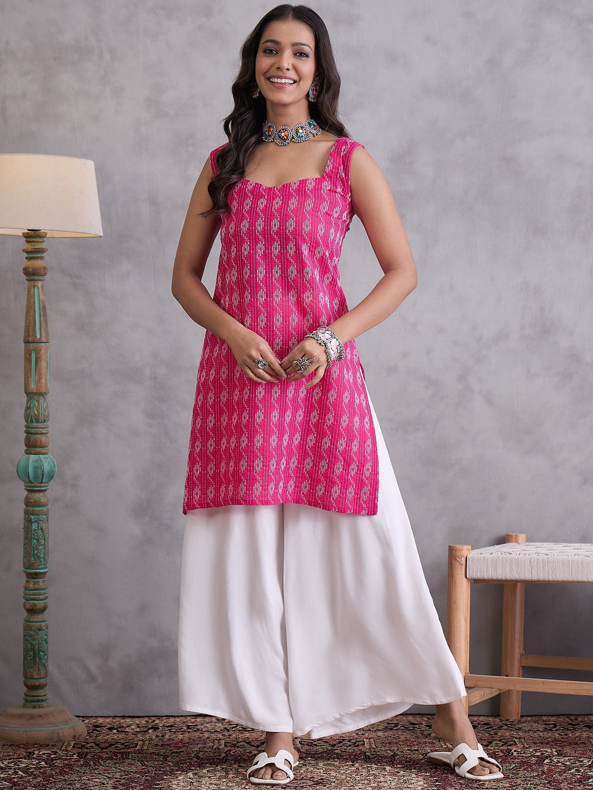 InWeave Fuchsia Kantha Cream Palazzo Set