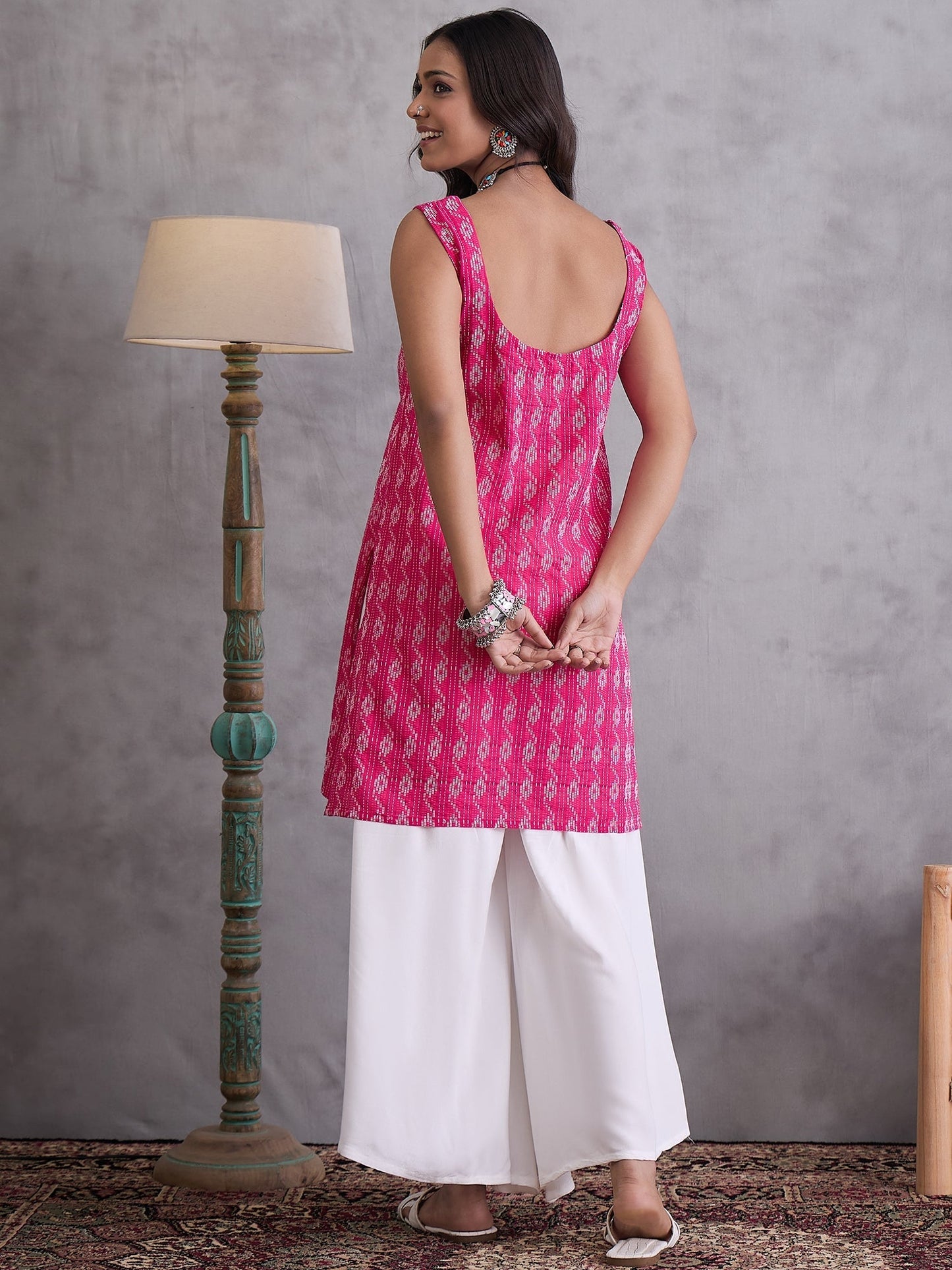 InWeave Fuchsia Kantha Cream Palazzo Set