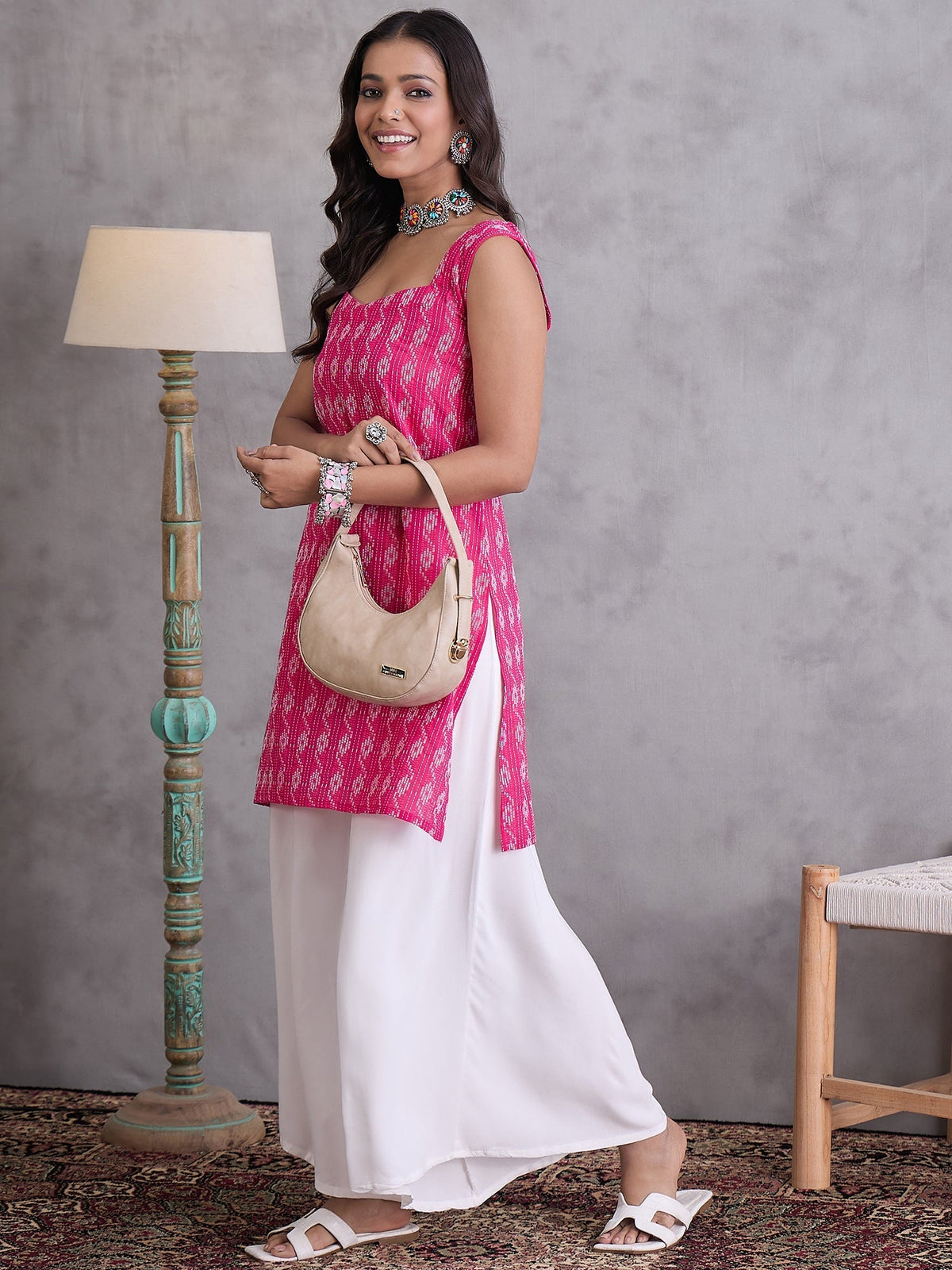 InWeave Fuchsia Kantha Cream Palazzo Set