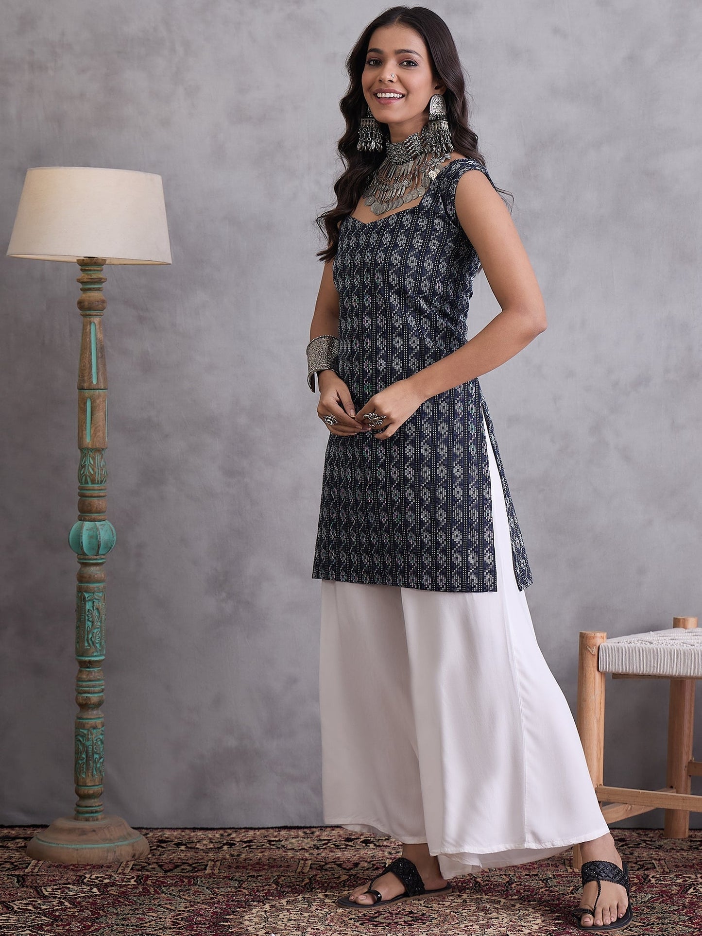 InWeave Black Kantha Cream Palazzo Set