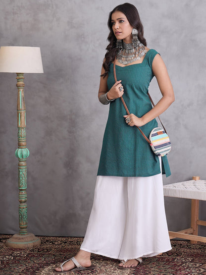 InWeave Emerald Green Kantha Cream Palazzo Set