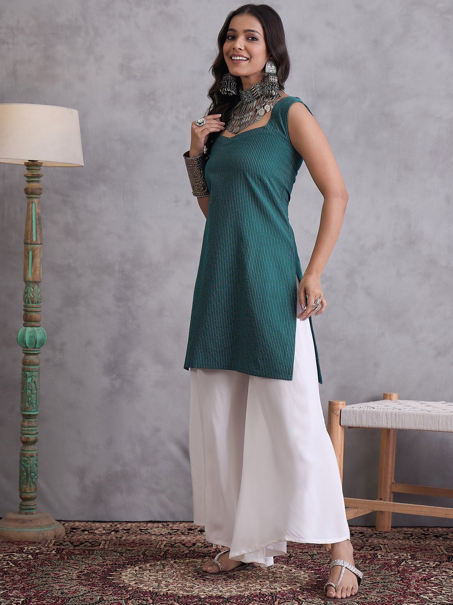 InWeave Emerald Green Kantha Cream Palazzo Set