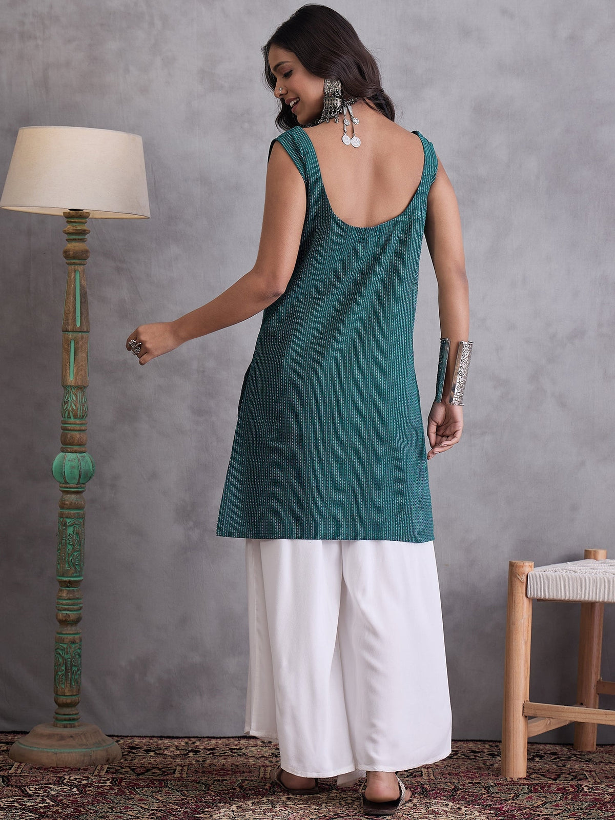 InWeave Emerald Green Kantha Cream Palazzo Set