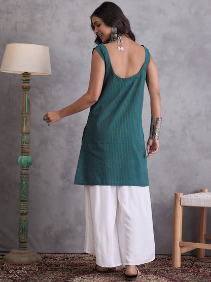 InWeave Emerald Green Kantha Cream Palazzo Set