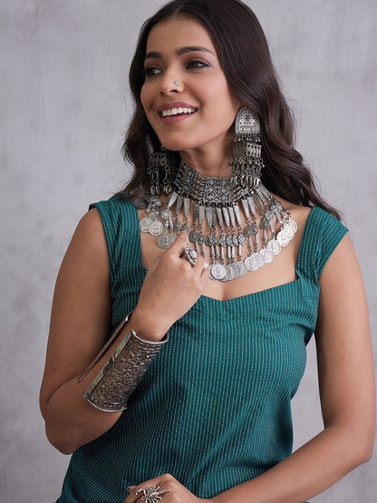 InWeave Emerald Green Kantha Cream Palazzo Set
