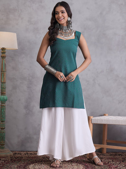 InWeave Emerald Green Kantha Cream Palazzo Set