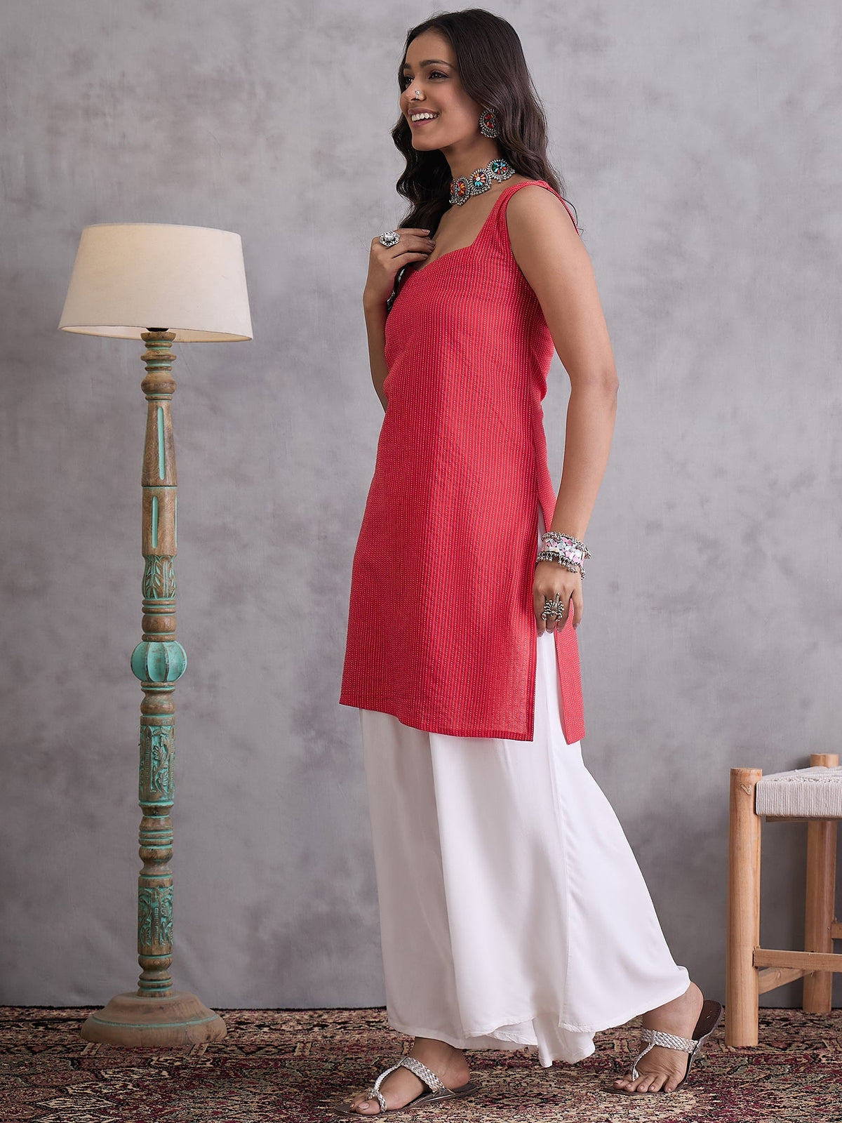 InWeave Red Kantha Cream Palazzo Set