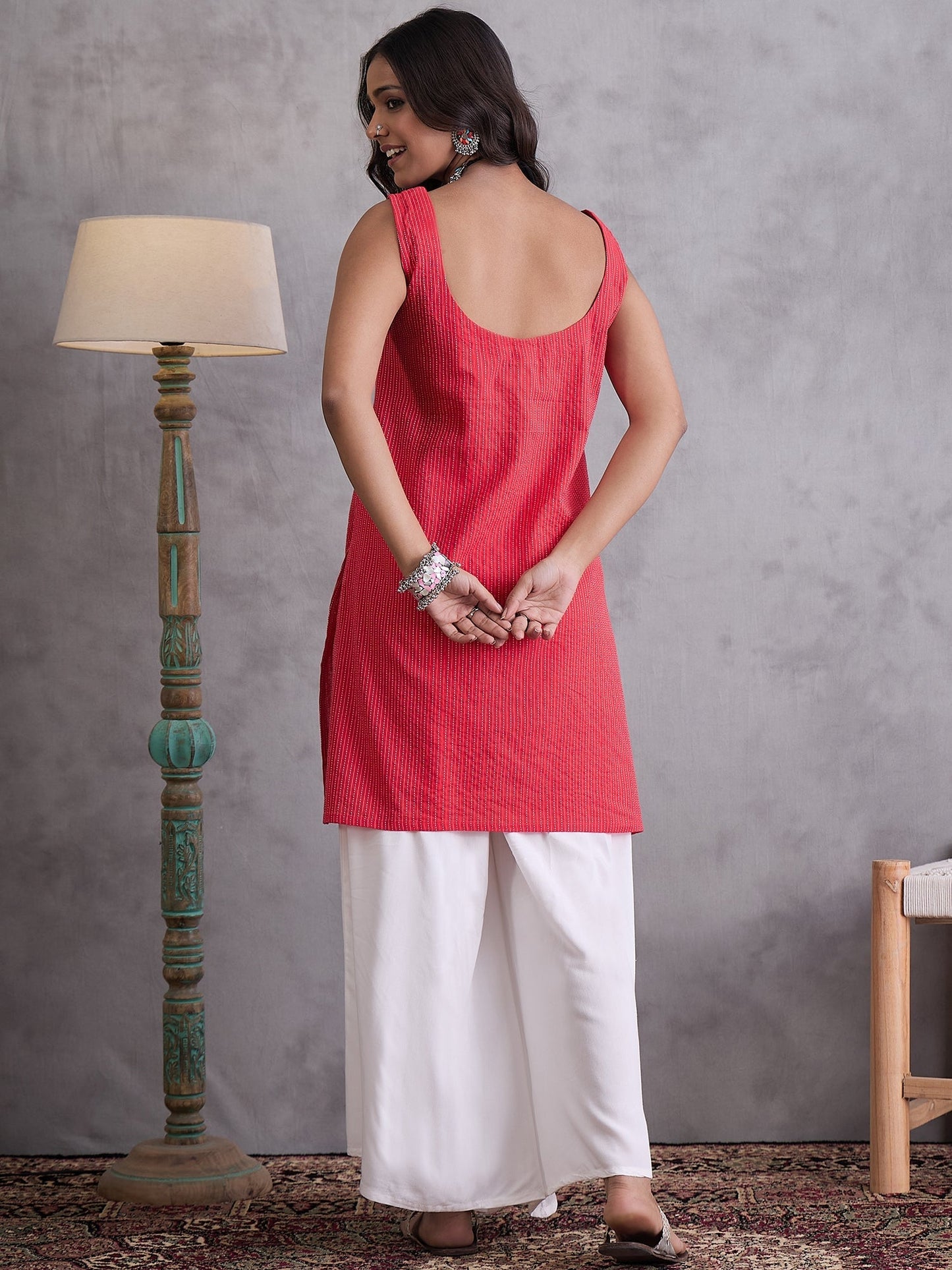 InWeave Red Kantha Cream Palazzo Set