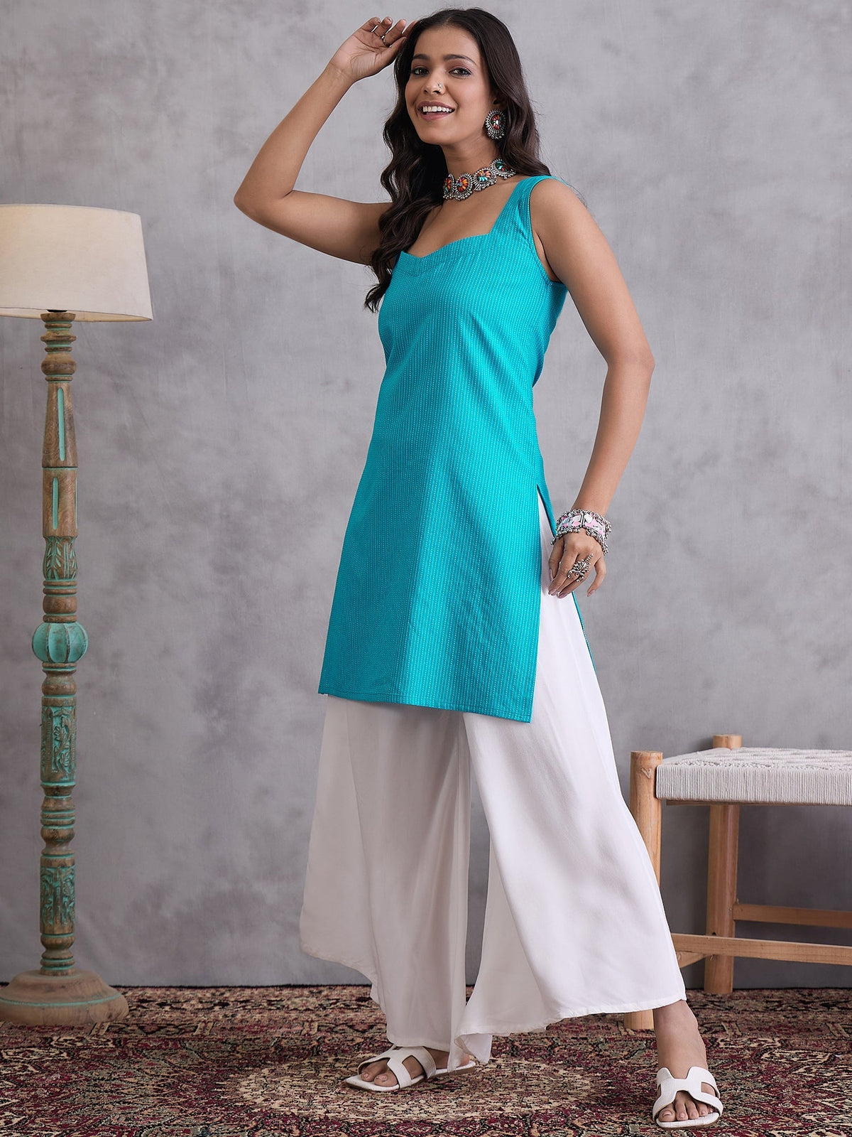 InWeave Cyan Blue Kantha Cream Palazzo Set