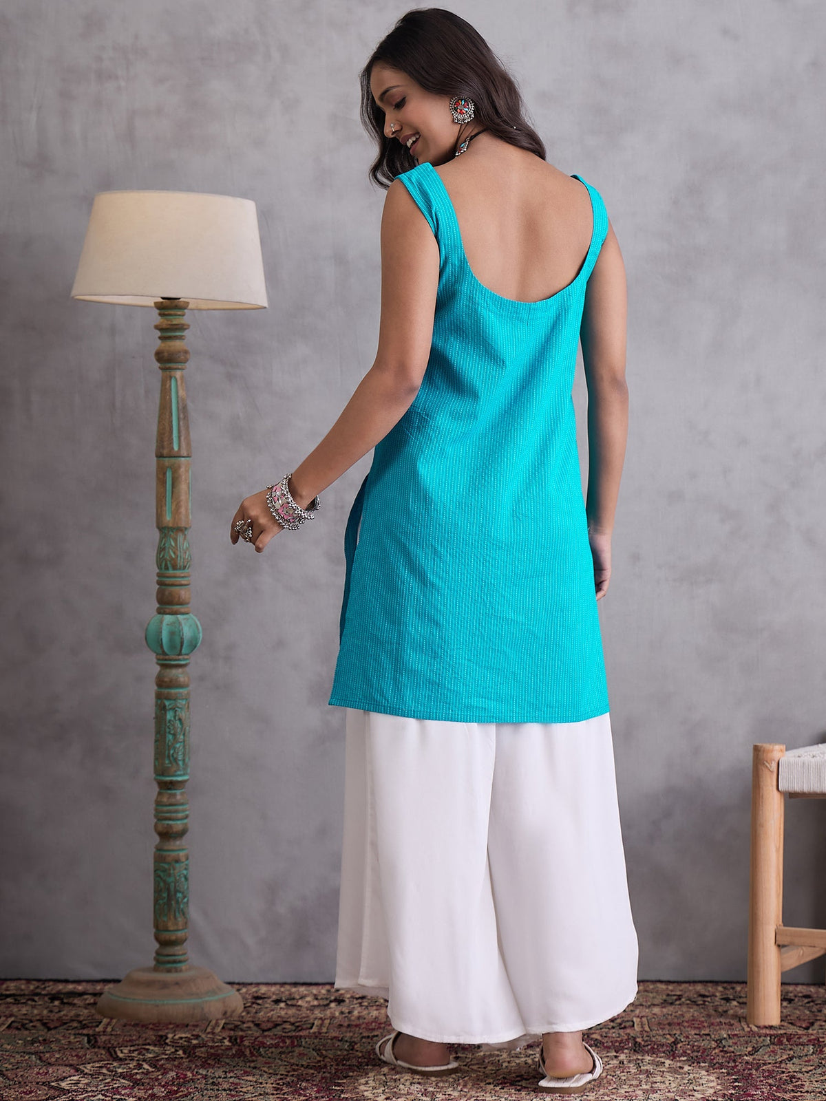 InWeave Cyan Blue Kantha Cream Palazzo Set